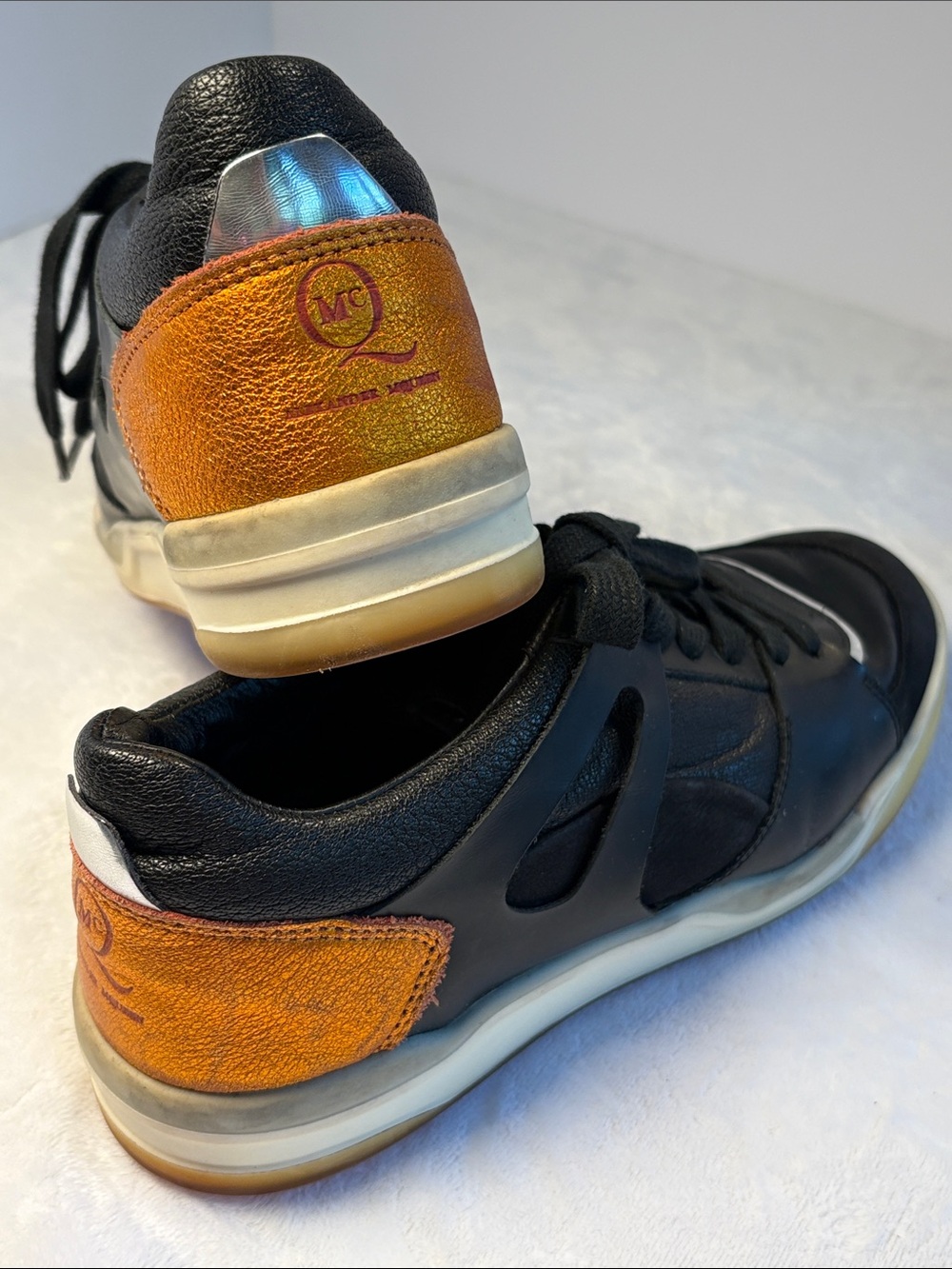Puma Alexander McQueen Black Leather & Suede Sneakers Metallic Orange Heel 7.5